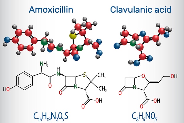Molécula de fármaco de amoxicilina y ácido clavulánico Modelo de molécula de fórmula química estructural