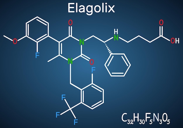Molécula de fármaco de Elagolix Fórmula química estructural de fondo azul oscuro