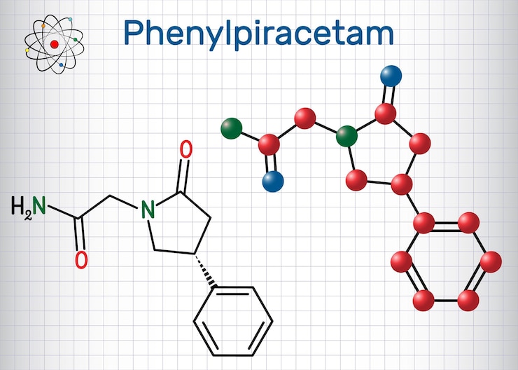 Vector molécula de fármaco nootrópico fenilpiracetam fórmula química estructural y modelo de molécula
