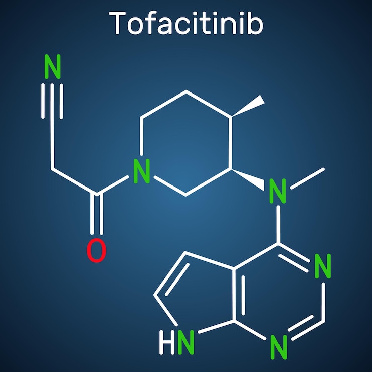 Vector molécula del fármaco tofacitinib fórmula química estructural fondo azul oscuro vector