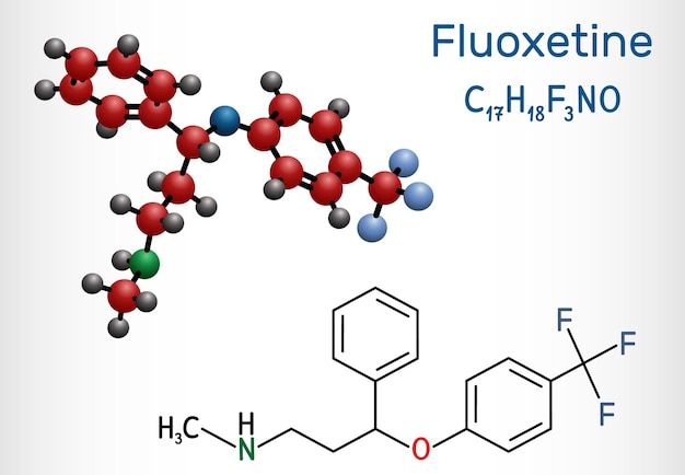 La molécula de fluoxetina es un antidepresivo Fórmula química estructural y modelo molecular