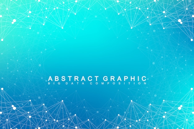 Molécula de fondo gráfico geométrico y comunicación. Gran complejo de datos con compuestos. Visualización de datos digitales. Ilustración cibernética científica.