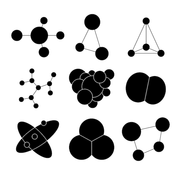 Molécula de forma diferente imagen de silueta símbolo científico del átomo dibujo vectorial