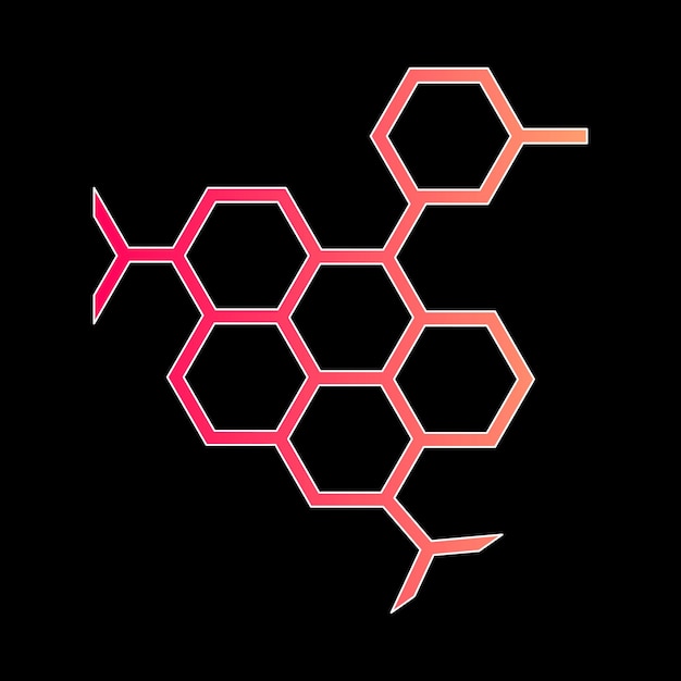 Molécula hexagonal de degradado rojo y rosa con contorno blanco. Fórmula química hexagonal. biología molecular