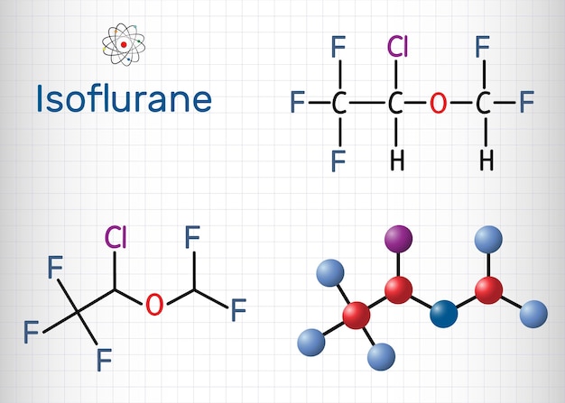 Molécula de isoflurano Fórmula química estructural y modelo de molécula Hoja de papel en una jaula