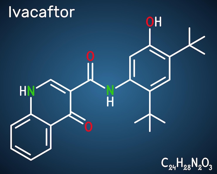 Vector molécula de ivacaftor fórmula química estructural fondo azul oscuro vector