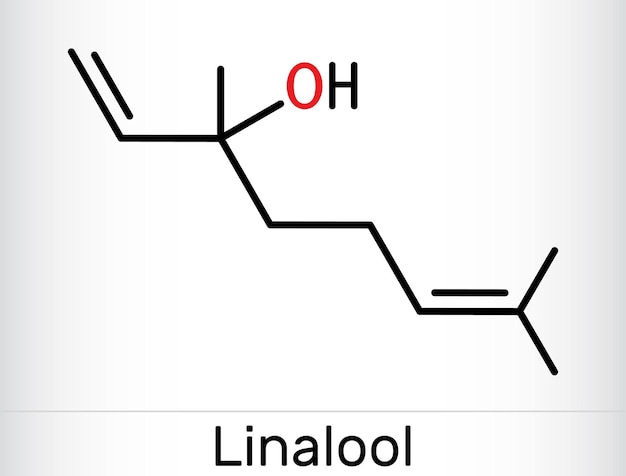 Vector molécula de linalool es alcohol terpeno fórmula química del esqueleto