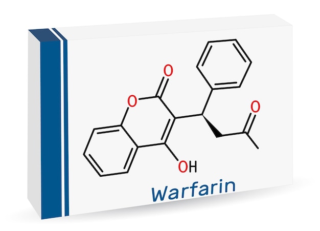 Molécula de medicamento anticoagulante de warfarina Fórmula esquelética Envases de papel para medicamentos