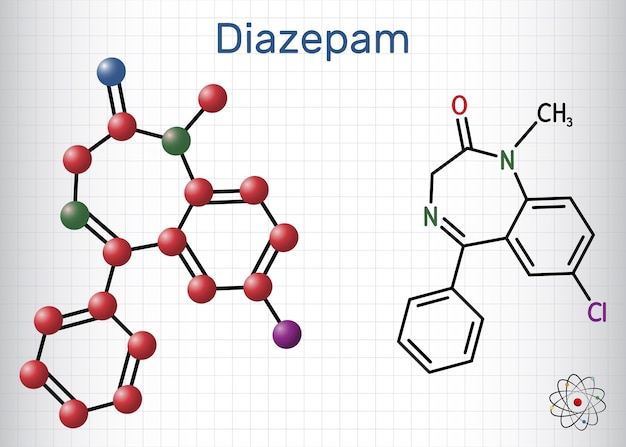 Molécula de medicamento diazepam Se utiliza para tratar los trastornos de pánico Modo de fórmula estructural de la molécula