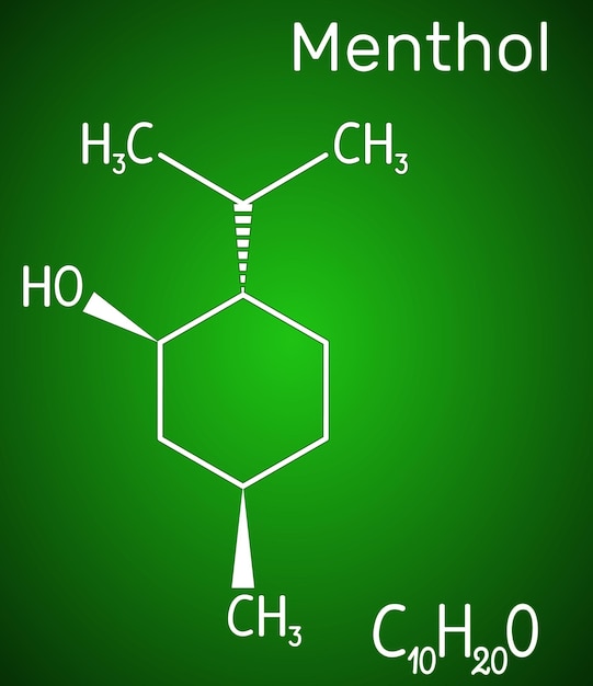 Molécula de mentol Fórmula química estructural en el fondo verde