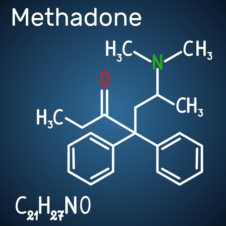 Vector molécula de metadona fórmula química estructural y modelo de molécula en el fondo azul oscuro