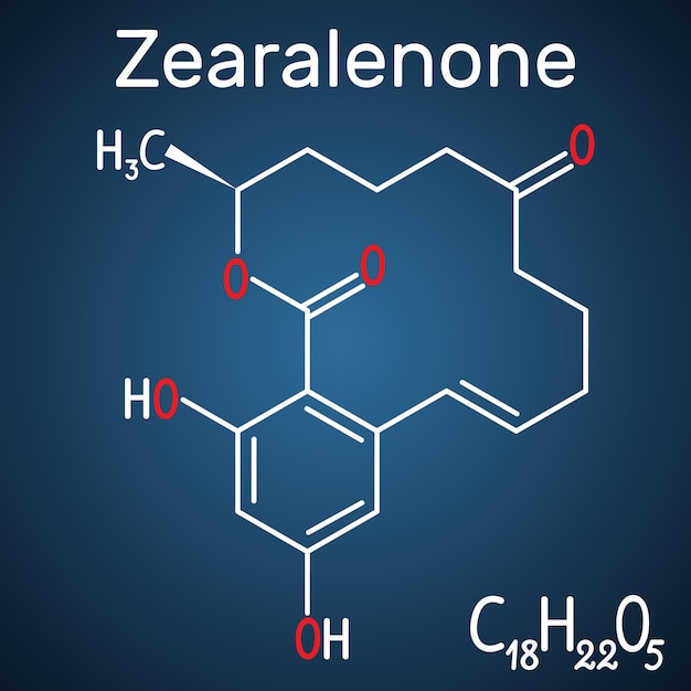 Molécula de micotoxina Zearalenone ZEN Fórmula química estructural de fondo azul oscuro