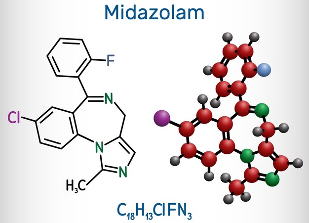 Molécula de midazolam Fórmula estructural y modelo de molécula Hoja de papel en una jaula
