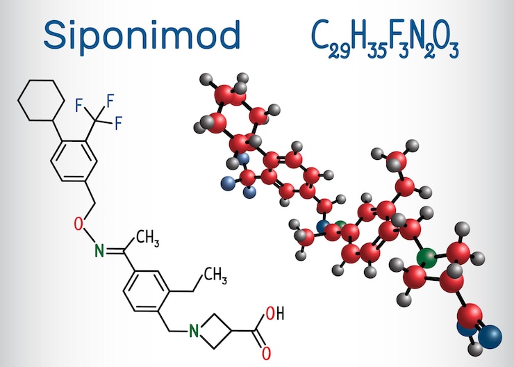 Vector molécula moduladora de siponimod s1pr1 fórmula química estructural y modelo de la molécula