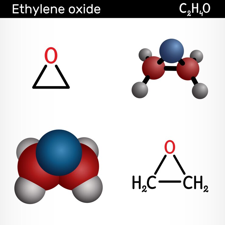 Vector molécula de óxido de etileno oxirano c2h4o fórmula química estructural y modelo molecular