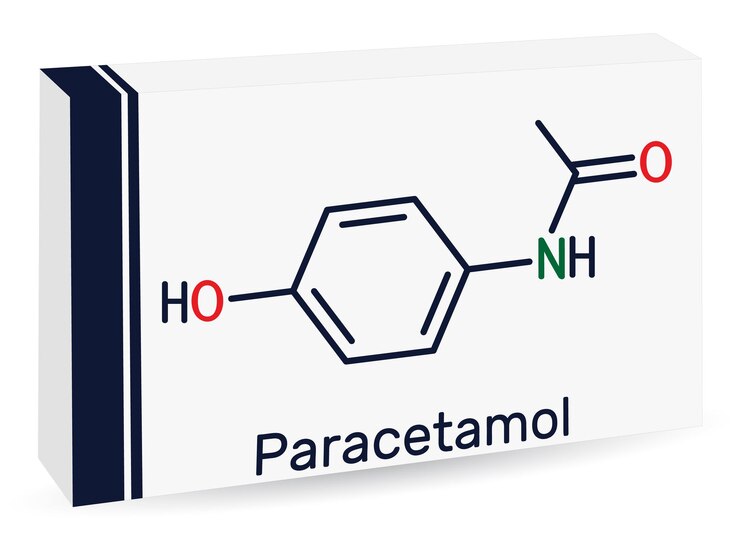 Vector molécula de paracetamol acetaminofeno fórmula química del esqueleto envases de papel para medicamentos