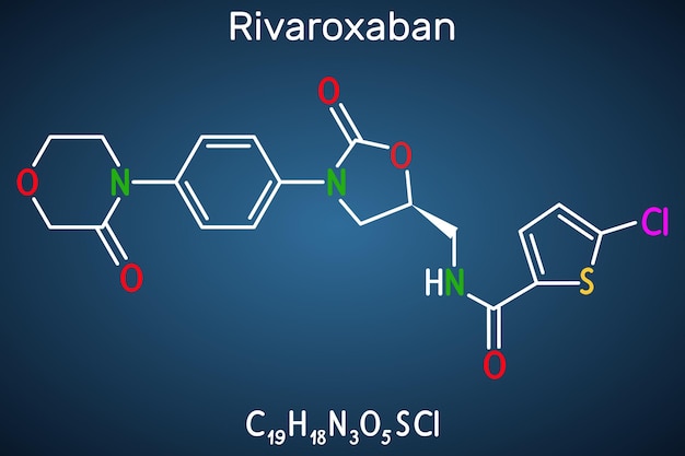 Molécula de rivaroxaban Es un anticoagulante Fórmula química estructural en el fondo azul oscuro