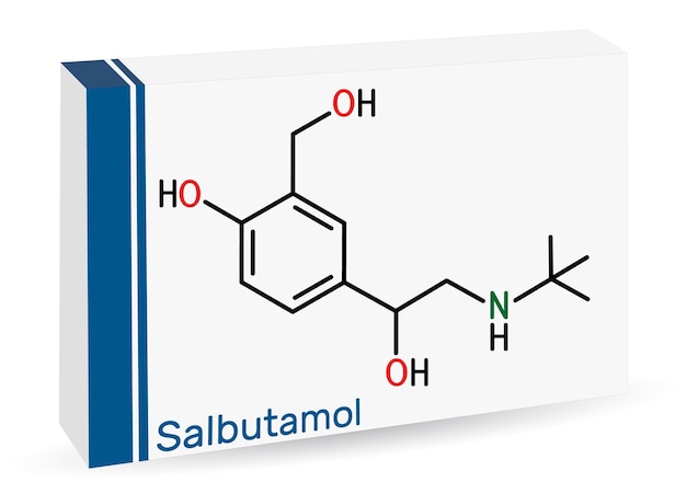 Vector molécula de salbutamol albuterol fórmula química del esqueleto envases de papel para medicamentos