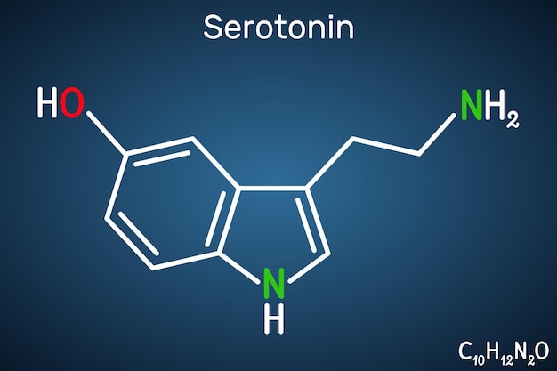 Molécula de serotonina Fórmula química estructural Fondo azul oscuro Vector