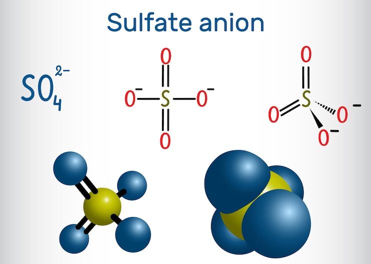 Vector molécula de sulfato de anión sulfato fórmula química estructural y modelo de molécula