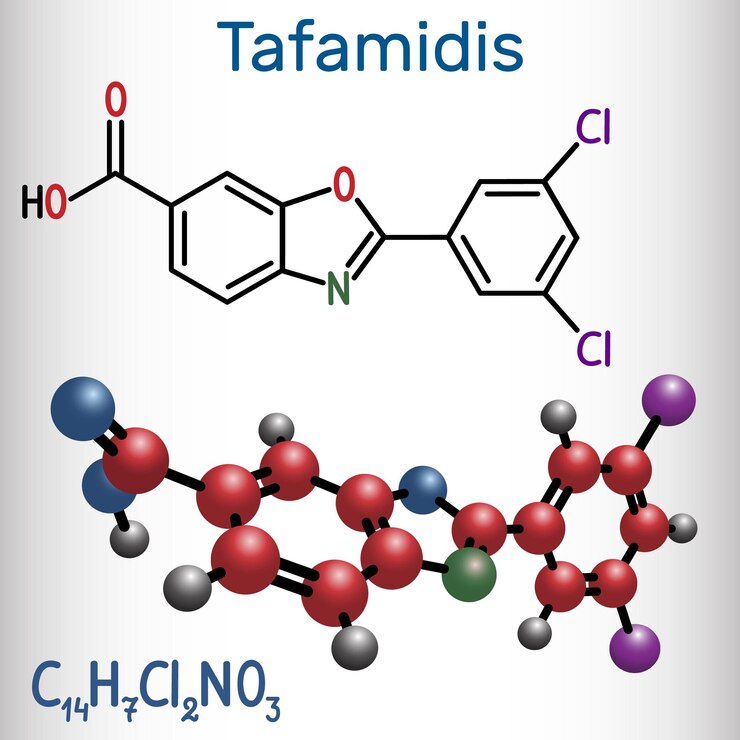 Vector molécula de tafamida fórmula química estructural y modelo de molécula