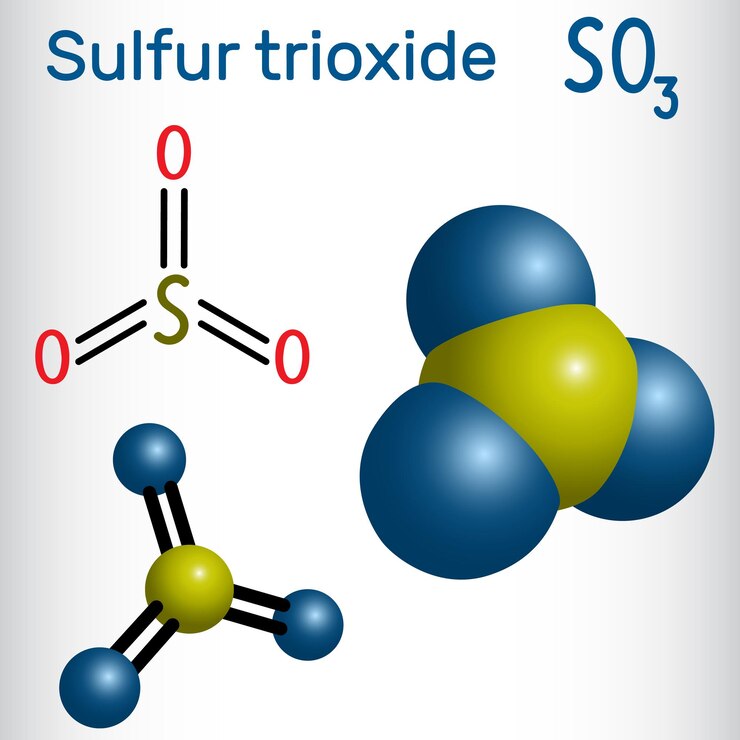 Vector molécula de trióxido de azufre, anhidruro de azofre, so3, fórmula química estructural y modelo de la molécula