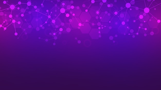 Moléculas abstractas sobre fondo morado. Estructuras moleculares o cadena de ADN, red neuronal, ingeniería genética. Concepto científico y tecnológico.