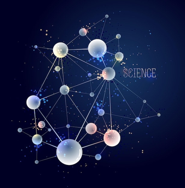 Moléculas y átomos vector de fondo abstracto, ilustración de tema de ciencia química y física, tema de investigación y tecnología micro y nano, partículas microscópicas.