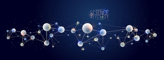 Moléculas vector abstracto fondo 3D ciencia dimensional química y física tema elemento de diseño átomos y partículas micro nano ilustración científica