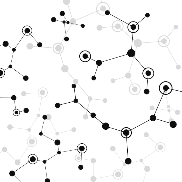 Vector moléculas vectoriales negras con líneas de puntos de fondo blanco