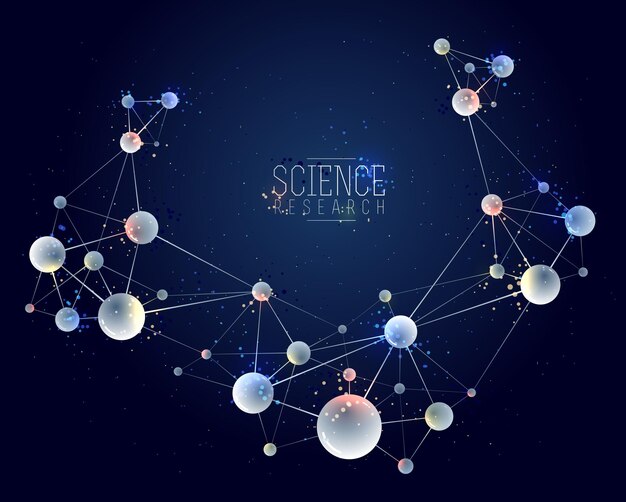 Moléculas vectoriales química científica y física tema vector resumen de antecedentes, micro y nano ciencia y tecnología tema, átomos y partículas microscópicas.