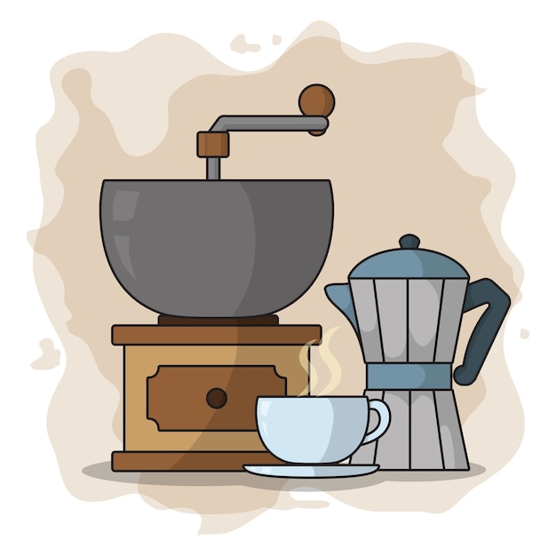 Vector molinillo de café y hervidor de agua
