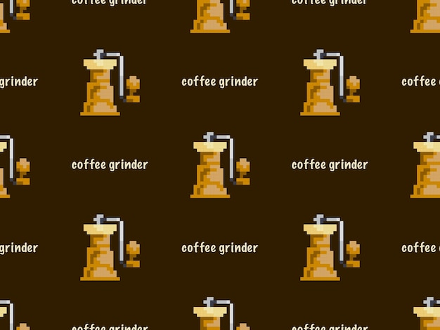 Molinillo de café personaje de dibujos animados de patrones sin fisuras sobre fondo marrón estilo Pixel