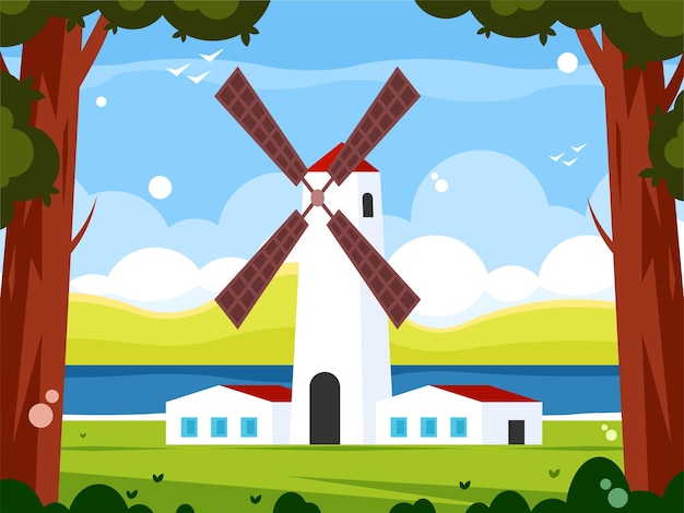 Molino de viento cerca del lago