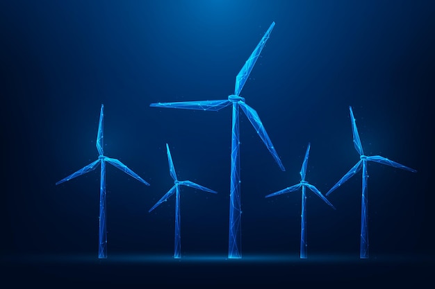 Molino de viento energía limpia marco de alambre de baja poli sobre fondo azul energía sostenible y renovable