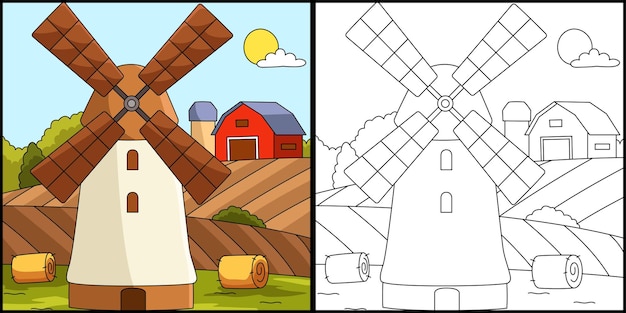 Molino De Viento Página Para Colorear Ilustración Coloreada