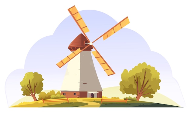 Molino de viento rodeado de árboles en un campo césped concepto de fondo ligero de paisaje rural Ilustración vectorial