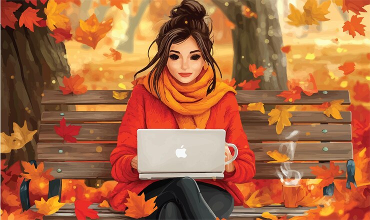 Vector momentos acogedores mujer joven disfrutando de una taza caliente en un banco del parque