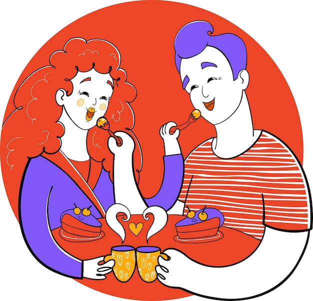 Vector momentos dulces ilustración vectorial de una pareja alimentándose mutuamente pastel en el desayuno