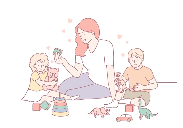 Momentos lúdicos una madre amorosa y sus hijos participando en varias actividades divertidas juntos