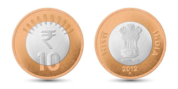 Moneda de 10 rupias de la India, anverso y reverso aislado sobre fondo blanco.