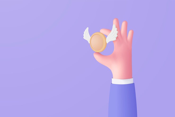 Vector moneda 3d con alas en la mano sosteniendo sobre fondo púrpura moneda flotante dinero perdido dinero ahorro banco finanzas negocio inversión concepto 3d pago en línea icono vector render ilustración