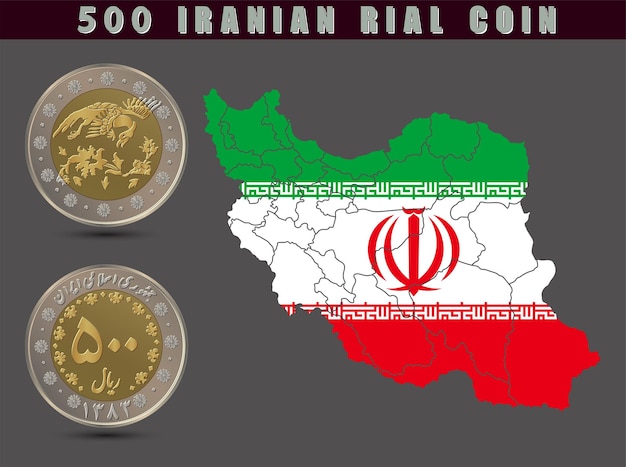 Vector moneda de 500 riales iraníes junto con un mapa de irán ilustración vectorial