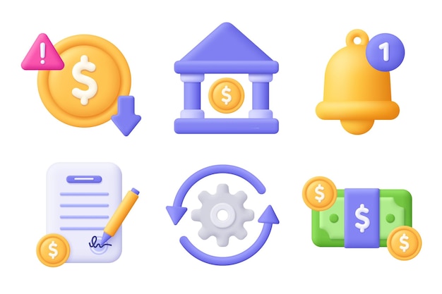 Moneda de banco, campana, engranaje de contacto, billete de banco, conjunto de iconos vectoriales 3D de negocios, estilo minimalista de dibujos animados