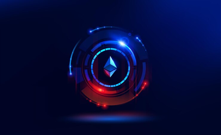 Vector moneda de banner digital ethereum. criptomoneda eth. cadena de bloques. transmisión y procesamiento de datos. tecnologías digitales.