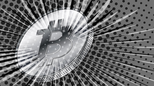 Moneda Bitcoin BTC estilo retro de los años 80 con rayos en color gris BTC símbolo de moneda digital moderna y encabezado de dinero o banner para noticias