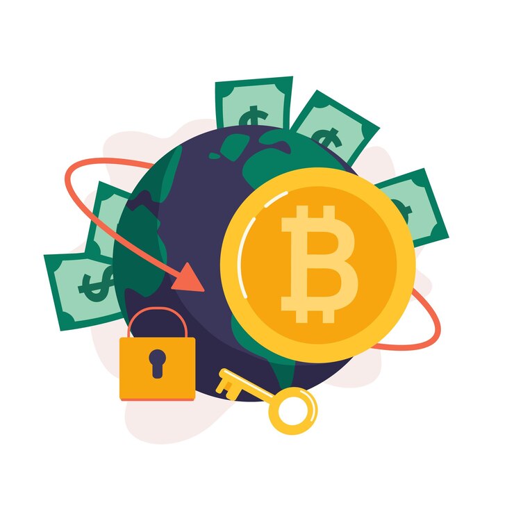 Vector moneda de bitcoin y concepto clave de tecnología blockchain