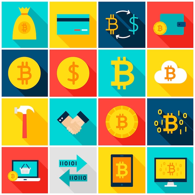 Moneda Bitcoin iconos de colores. Ilustración de vector. Conjunto de elementos financieros de rectángulo plano con sombra.