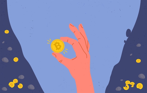 Vector moneda bitcoin en mano. ilustración plana.