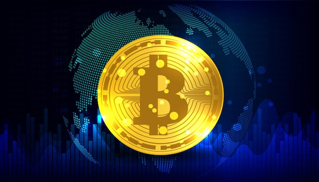 Moneda Bitcoin Moneda criptográfica con tabla de crecimiento Diseño de vector de bolsa internacional